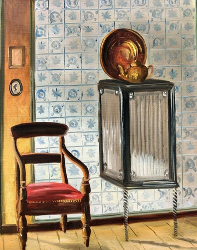INTERIOR WITH GRANDFATHER CLOCK. Original oil painting - Picture 3 of 7
