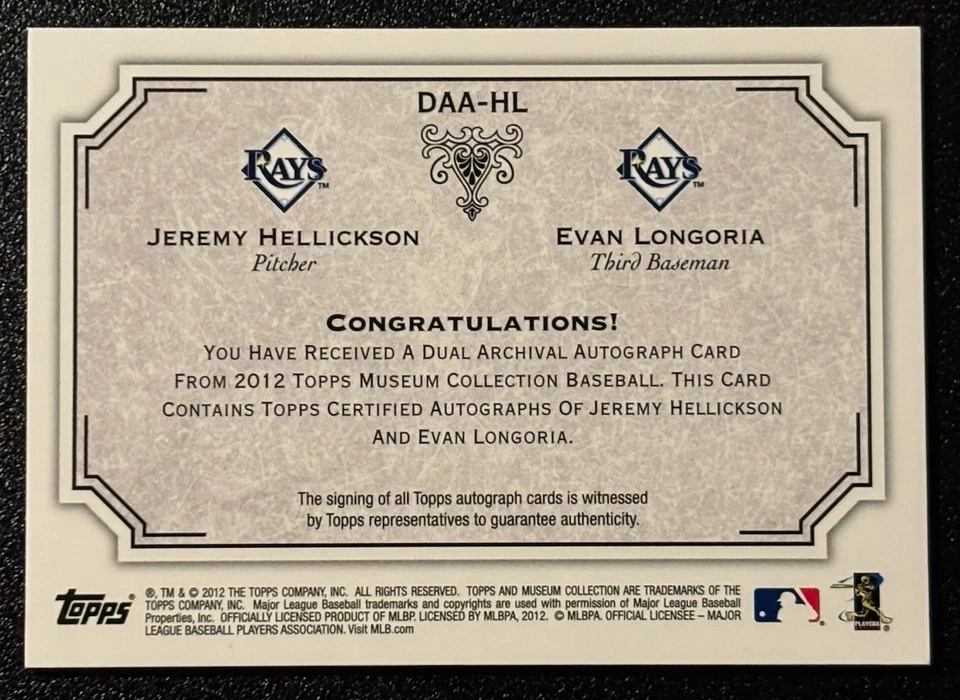 2012 Topps Museum Longoria Hellickson #DAA-HL /15 Dual Archival Autographs auto - Image 2 of 2
