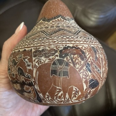 Peruvian Folk Storyteller Art Hand Carved Designs on Dried Gourd ~4x4.5 