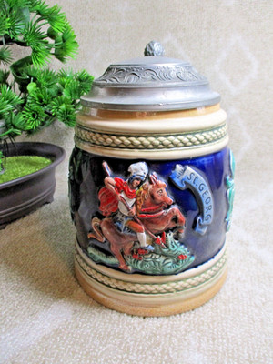 Vintage Geyer W. Germany  Beer Stein, , Pewter Lid, Green Scroll 6.5''
