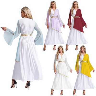 Women Toga Vintage Costume Dress Up Halloween Princess Adult Chiffon Gold Trim Women Toga Vintage Costume Dress Up Halloween Princess Adult Chiffon Gold Trim