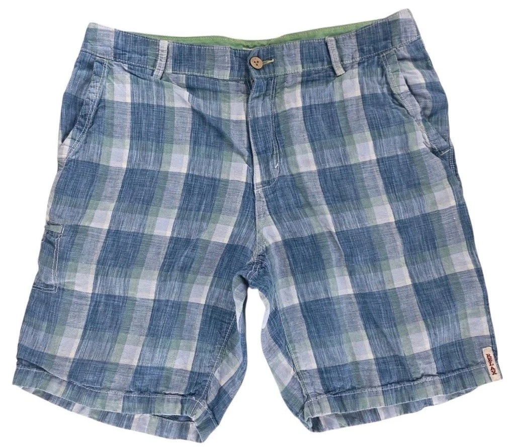 Tommy Bahama Shorts 100 Linen Plaid Mens 34x20 Blue Green Flat 9.5” Vacation