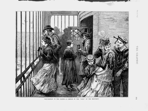 Original Old Antique Print 1874 Whit-Monday Cage Monument People Family Holiday