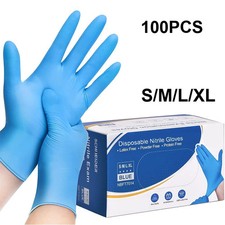 100 Blue Nitrile Gloves Disposable Powder Latex Free Food Cleaning Work S/M/L/XL