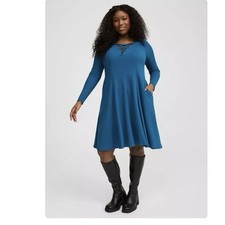NWT Torrid Blue Waffle Long Sleeve Lace Up Neck Fit Flare Dress Size 1X Pockets