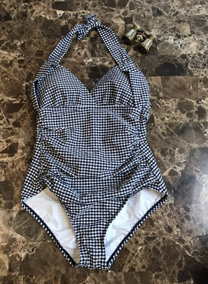 Draper James x Land s End Gingham  Seersucker Halter One Piece Swim L NWT
