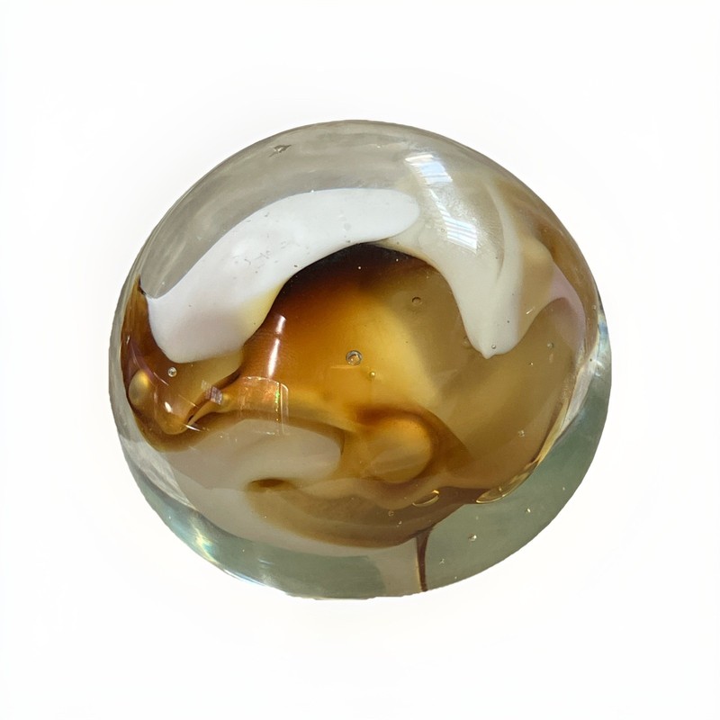 Vintage Art Glass Paperweight Signed Gold & White 2.5"