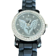 Geneva Platinum Heart With Wings Black Rubber Unisex Watch Stainless Steel