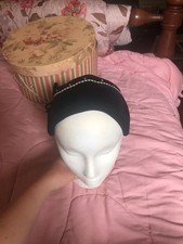 Vintage Genuine Velour Black Pillbox Cocktail Hat with Faux Pearl and Rhinestone