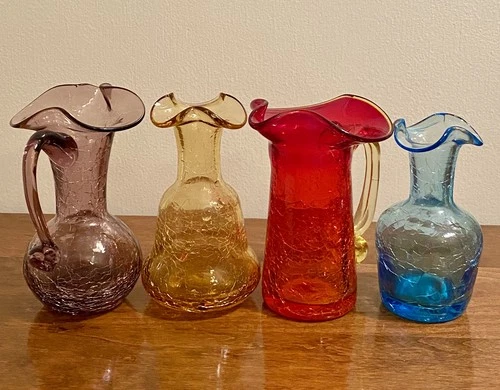 4 Vintage Blenko or Pilgrim Glass Hand Blown Small Vases Pitchers Crackled WV US