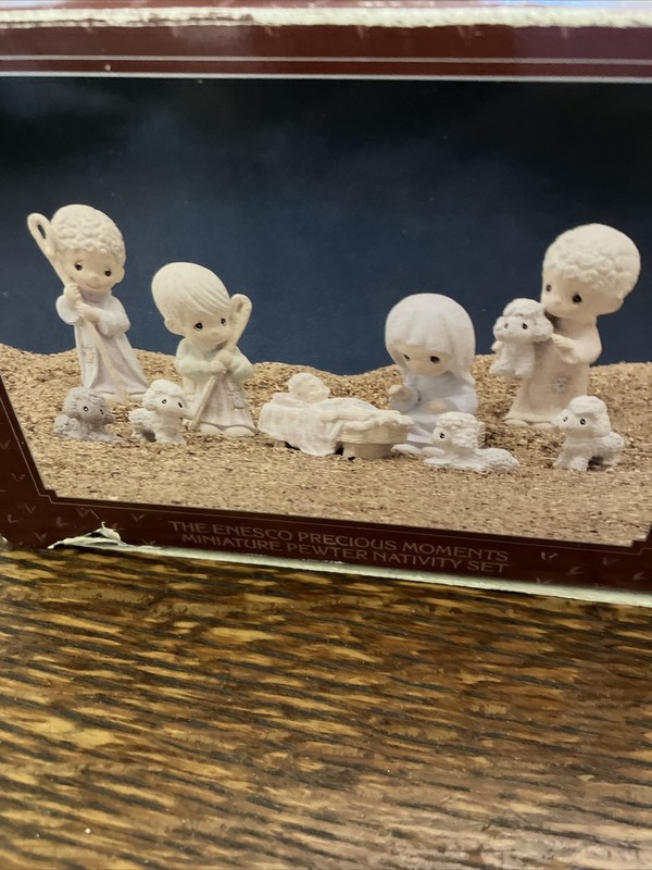 Precious Moments 9 Piece Nativity Set In Box Enesco 1989 Miniature Pewter