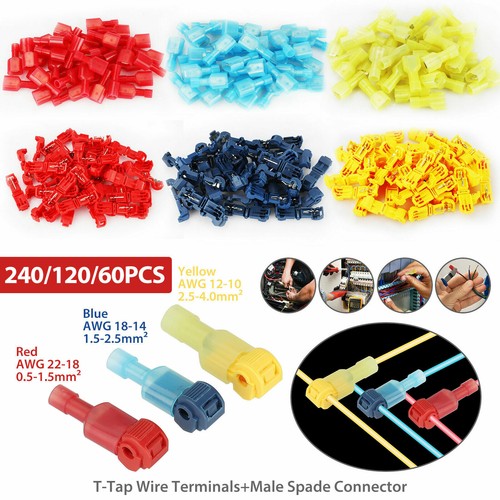 240PCS Insulated T-Tap 22-10 AWG Quick Splice Wire Terminal Combo Connectors Kit - Afbeelding 1 van 15