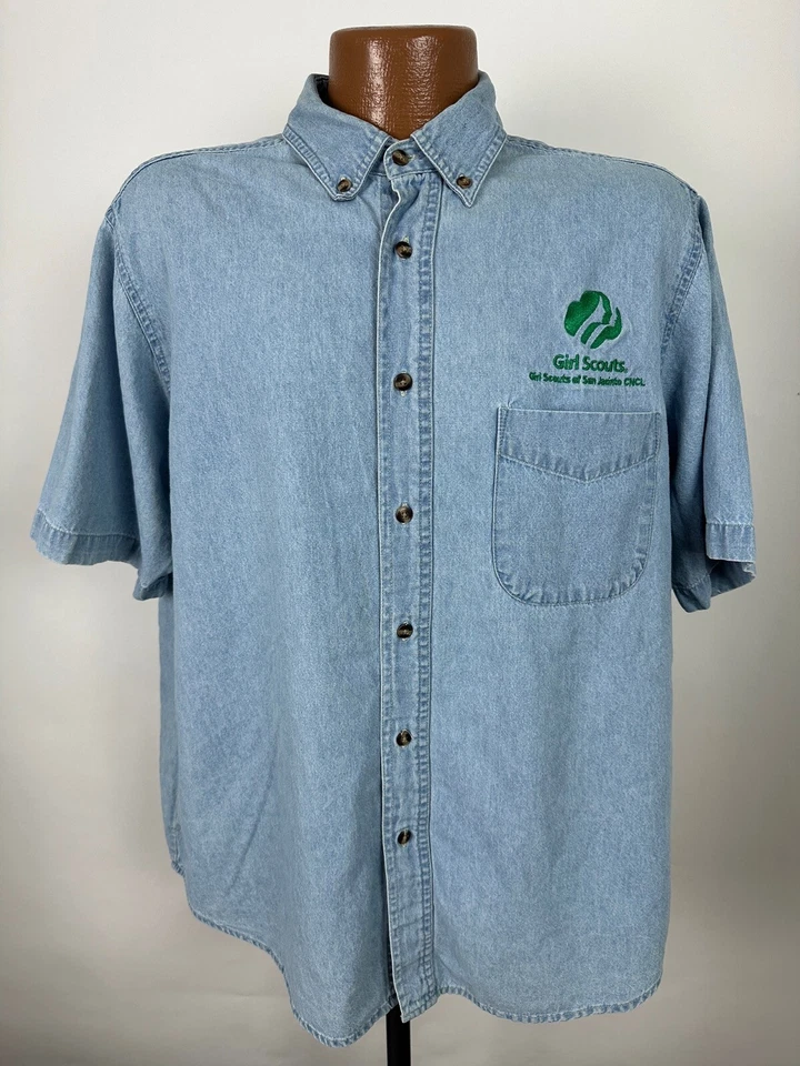 Vintage 90s Girl Scouts Denim Shirt Men L Short Sleeve Button Down San Jacinto - Image 2 of 4