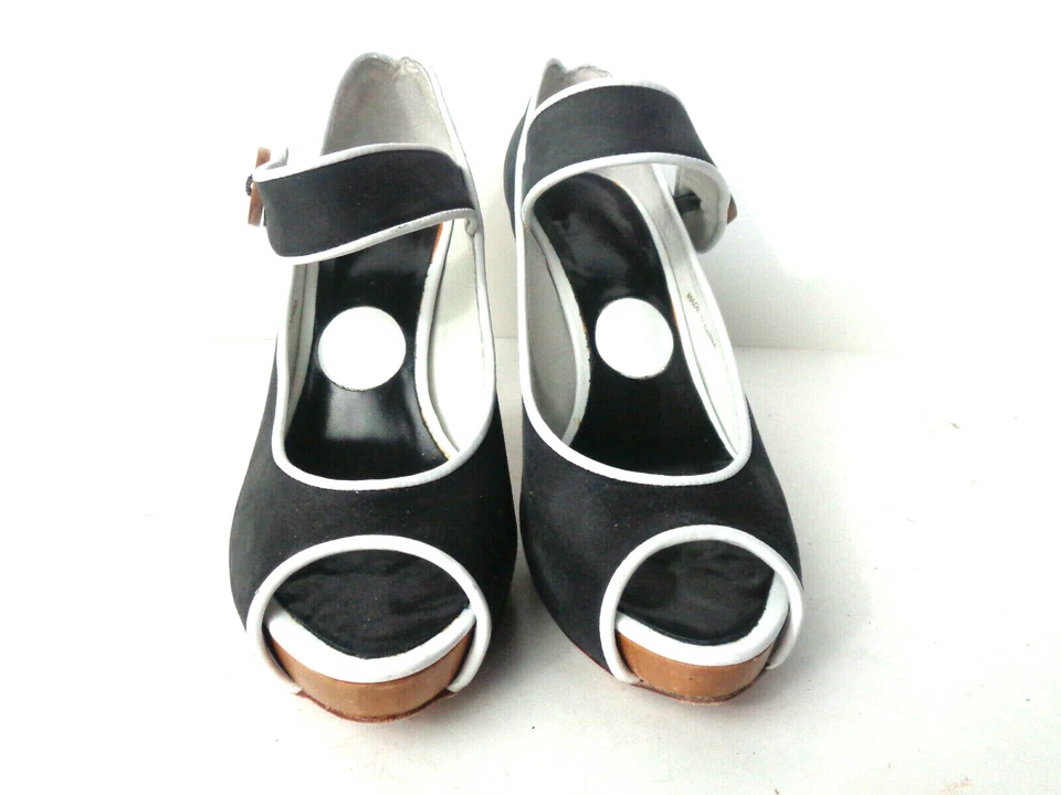 Zapatos ras 6.5M Negro/Blanco Peep Cuero Peep Toe Mary Jane Plataforma Tacón Madera Foto 2 de 4