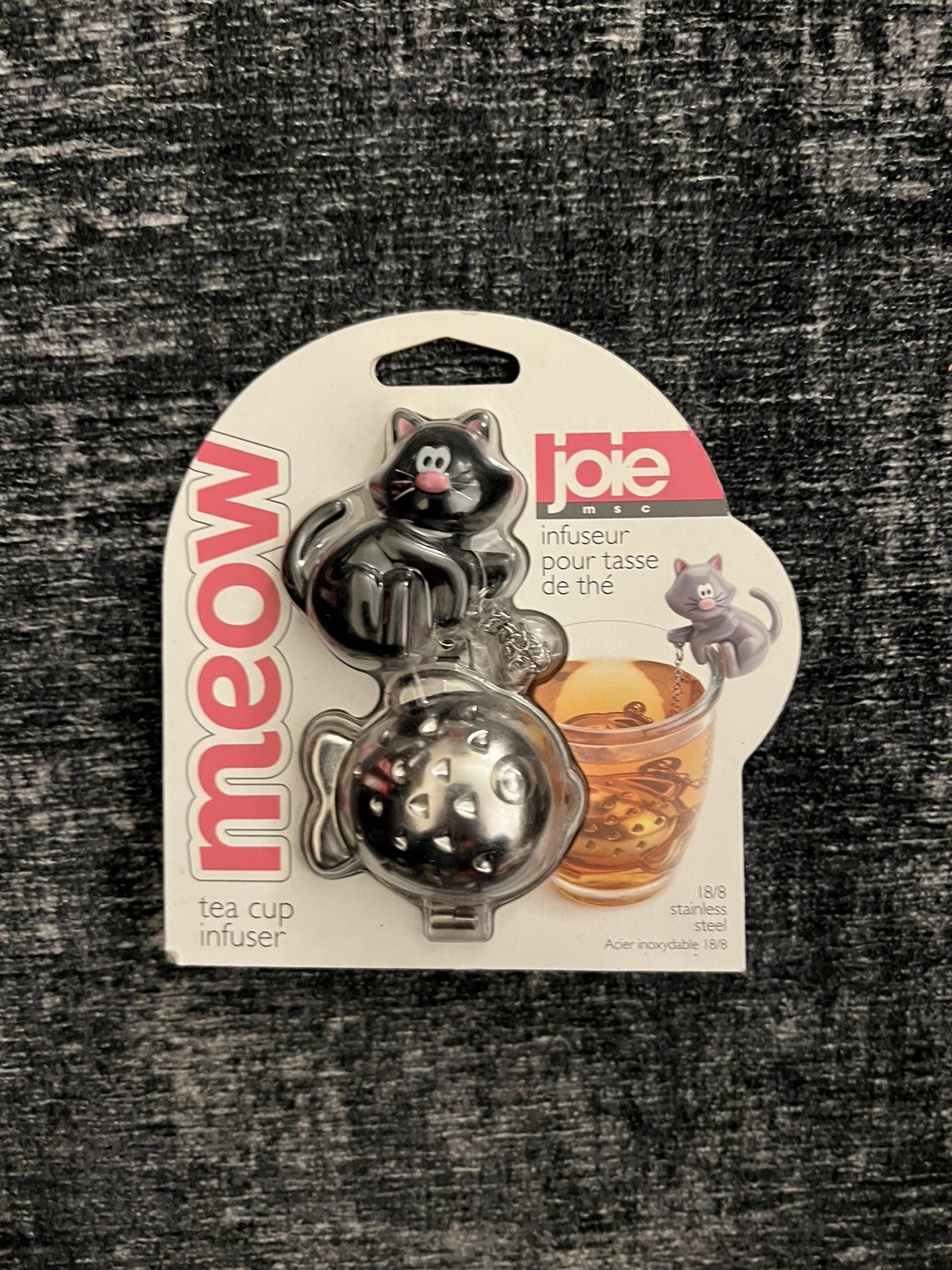 New JOIE MEOW Black Cat Kitty Tea Cup 18/8 Stainless Fish shaped