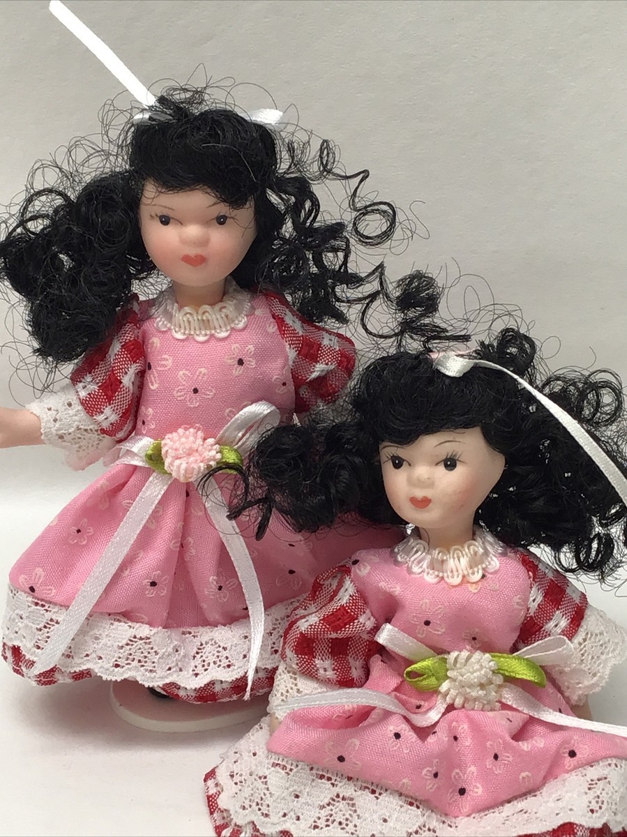 Set Of Two Vintage in Porcelain Dolls In Pink Dress Black Hair