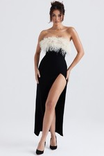 House of CB Sarai Black Thigh High Split Strapless Feather Trim Maxi Dress sz S