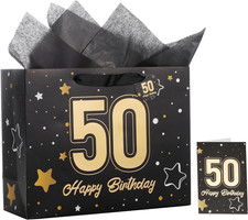 13" Black 50th Birthday Gift Bag with Tissue Paper and Greeting Card for Party,H