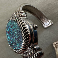 Gem Essence Women Watch 22mm Blue Drusy Cover Silver Tone Cuff Band Untested
