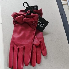 BADGLEY MISCHKA Women's NEW Genuine Leather Bow Tie Red Gloves SZ M 