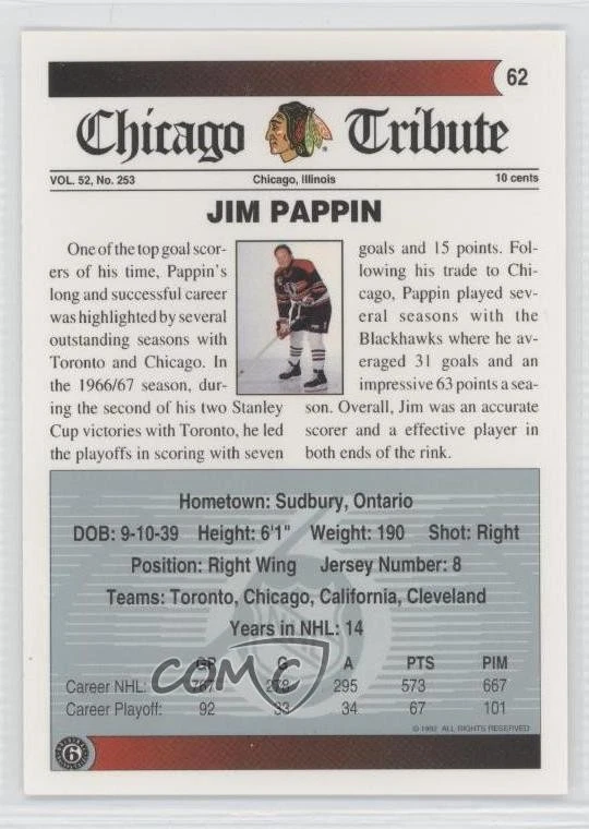 1991-92 Ultimate Original Six Jim Pappin #62 - Image 2 of 2