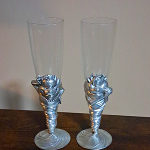 Warner Bros. Taz & Mrs. Taz 1995 Pewter/Glass Champagne Flutes Set 2 5oz Mint