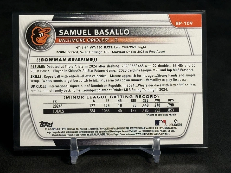 2025 Bowman Prospect #BP-109 Samuel Basallo Sky Blue Parallel /499 Orioles - Image 3 of 4