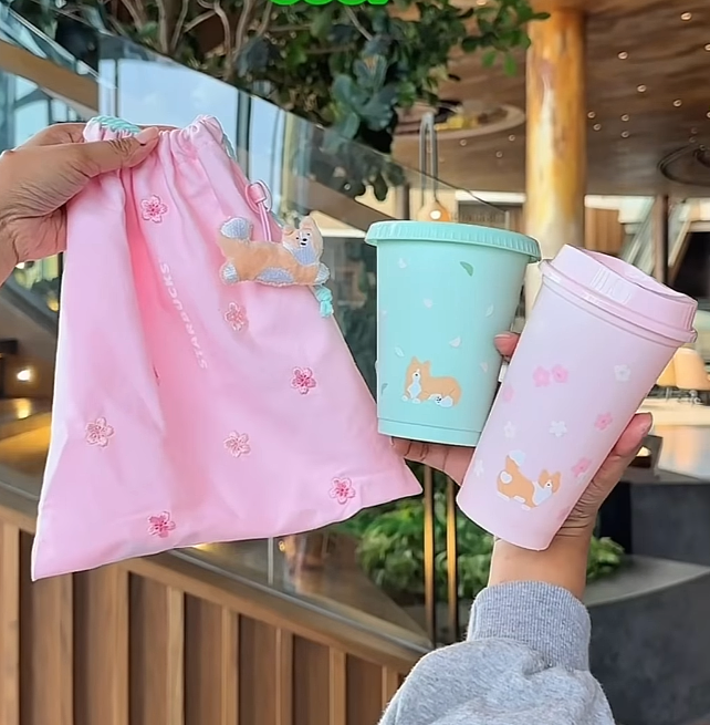 Starbucks Reusable Cold Cup Set Of 2 16oz Corgi Dog Blossom Breeze