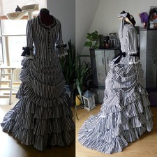 1870s Vintage Rococo Bustle Dresses Medieval Victorian Black Stripe Ball Gowns