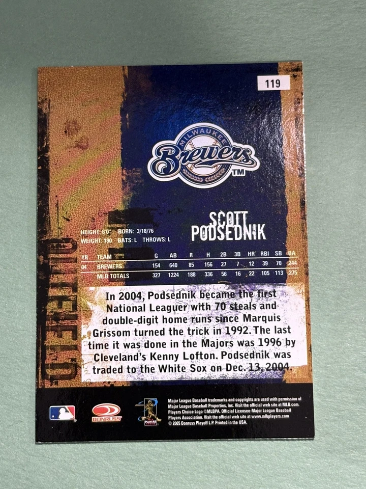 Scott Podsednik 2005 Donruss Leather & Lumber Milwaukee Brewers #119 EE402 - Image 2 of 2