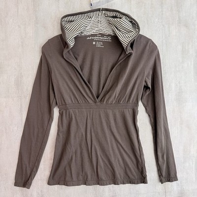 Y2K Aeropostale Hooded Knit Babydoll Top Sz Medium Deep V Neck Henley READ!