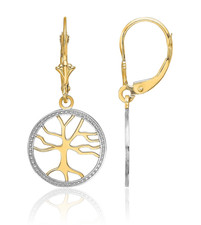 14K Solid Yellow Gold Tree of Life Round Dangle Earrings