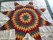 Vintage Hand Stitched Quilt, Lone Star 70 X 69 Red, Gold Green, Cottage Core.