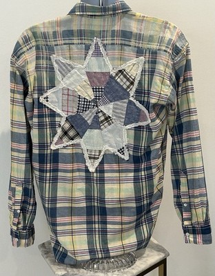 Polo Ralph Lauren Patchwork Quilt Star Plaid Shirt Unisex Men s M 23x31 Madras