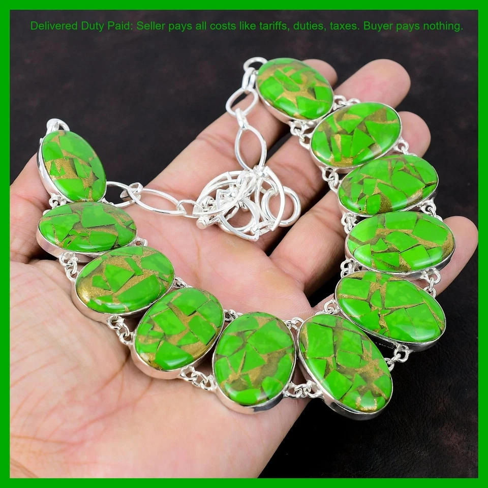 Christmas Deal Oval Natural Copper Green Turquoise Chain New Necklace 925 Silver - Image 4 of 4