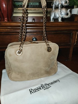 Vintage Russell & Bromley Luxury Handbag, Tan Suede, Gold Hardware, Dust Bag