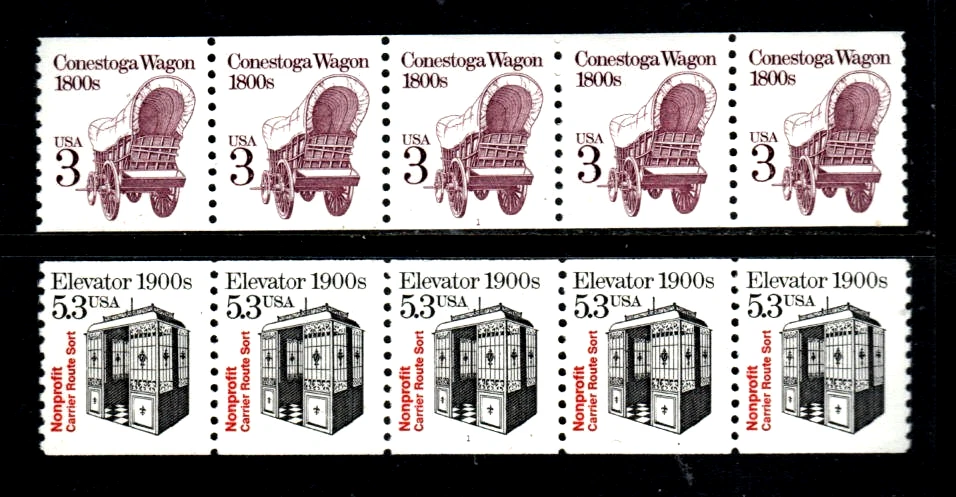 👀Stamps U.S.A. - 3 cent Conestoga Wagon & 5.3 cent Elevator Plate #Coil Strip - Image 2 of 4