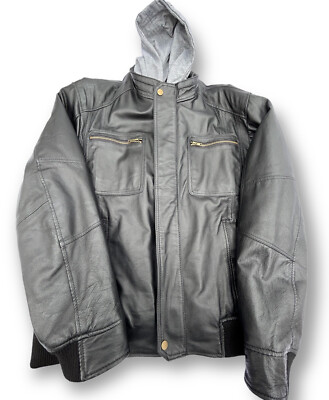 Leather Jacket Men Vintage Brand Black Sz M Removable Zip Hood 4