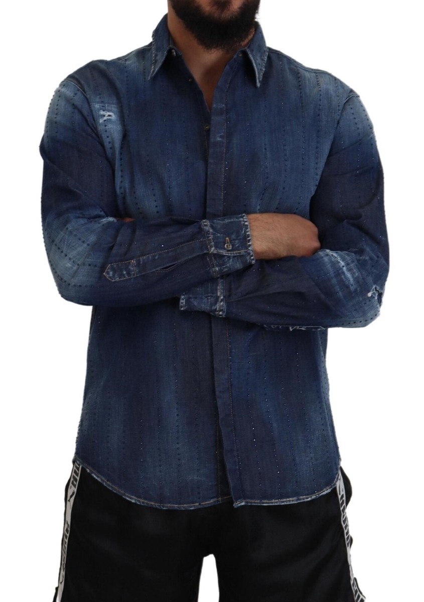 DSQUARED2 Shirt Blue Tattered Crystal Embellished Denim IT48