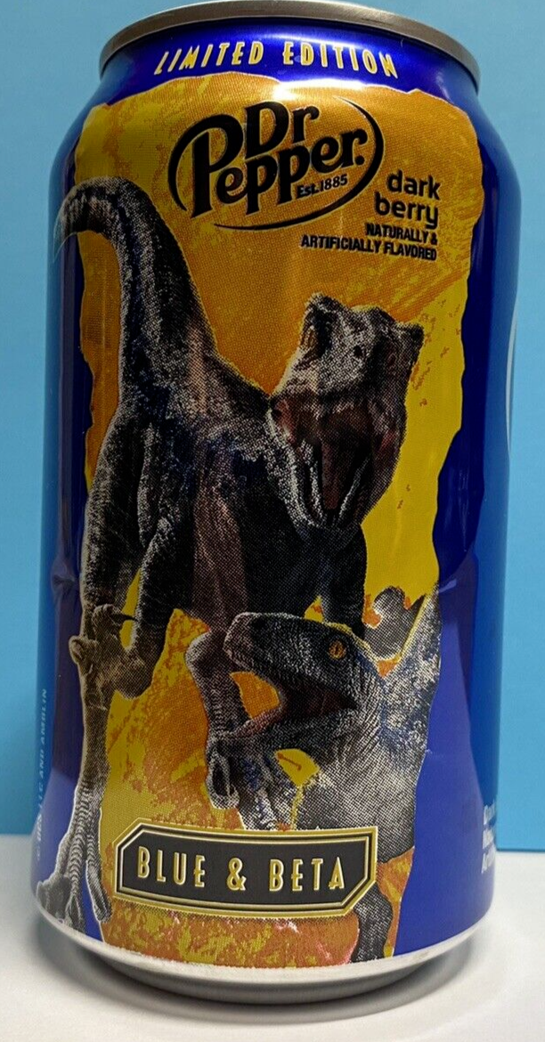 Jurassic Park Blue & Beta Dr Pepper Dark Berry Soda Can 12 Ounce