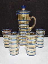 Vintage Blue Ring Peach Luster DEPRESSION GLASS Pitcher and Lid with 4 Tumblers