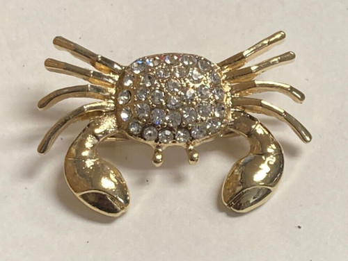 1.75" Gold Tone  Clear Rhinestone Crab Brooch Pin