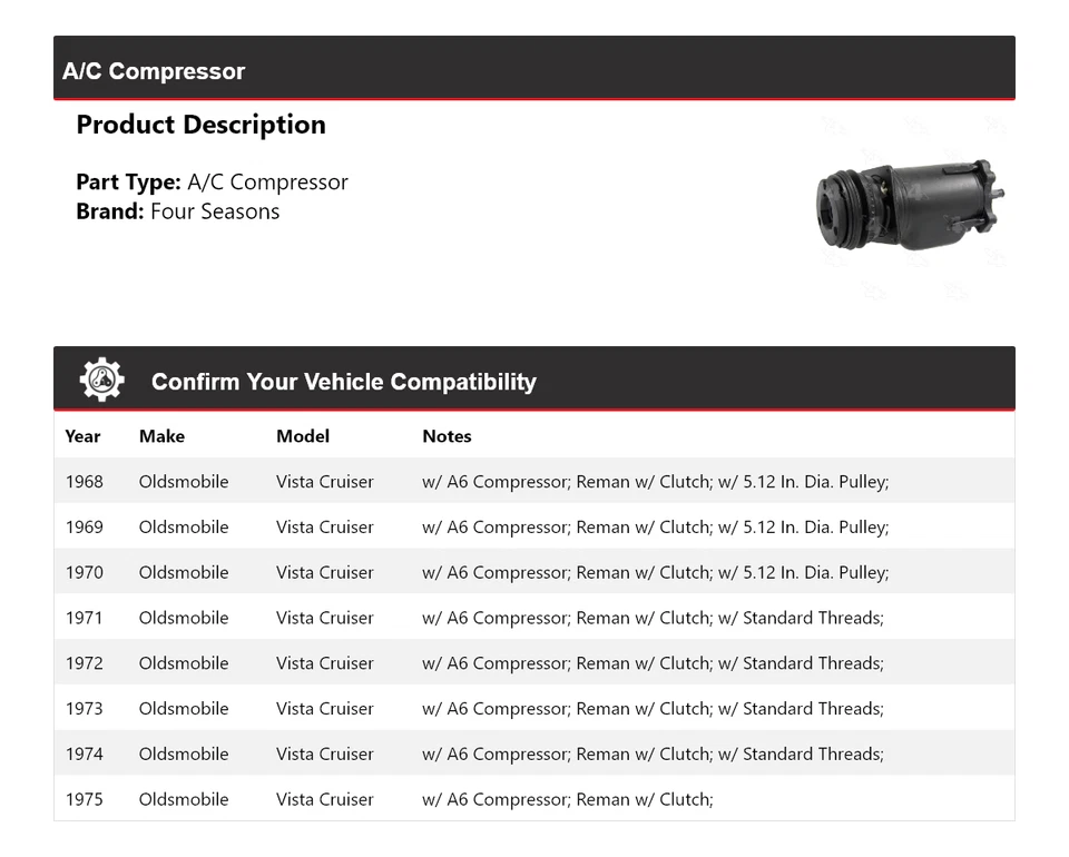 For 1968-1975 Oldsmobile Vista Cruiser A/C Compressor 4 Seasons 1969 1970 1971 - Image 2 of 4