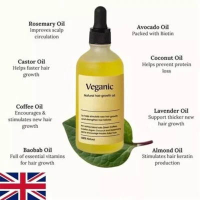 Natural Hair Growth Oil, Veganic Natural Hair Growth Oil Hair Care 60ml UK