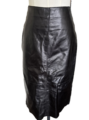 Kenneth Cole Women's High-Waisted Real Black Leather Back Slit Pencil Skirt Sz 8