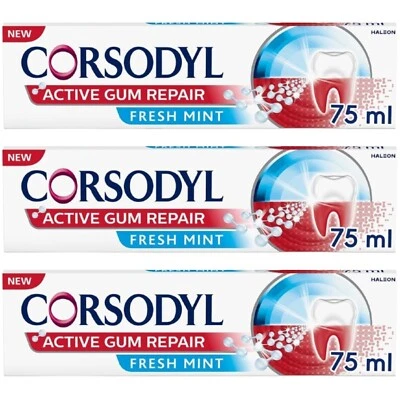 3 x Corsodyl Active Gum Repair Toothpaste for Bleeding Gums Fresh Mint 75ml