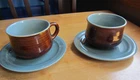 2 Red Wing Pottery Village Green Flat Cups /Mugs & Saucers Brown & Teal Glaze