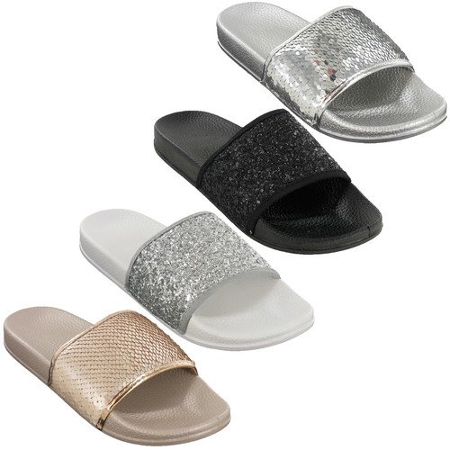 Womens Slides Sandals Summer Glitter Sparkle Sequin Lightweight Cushion  Flats | eBay