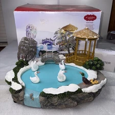 St. Nicholas Square Christmas Village Swan Pond Illuminated Music RETIRED Works