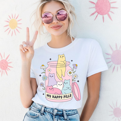 Kawaii Cat T-Shirt My Happy Pills Pastel Goth Aesthetic Tee Women s Graphic Top